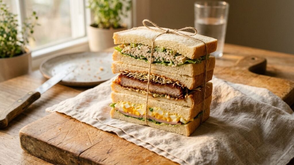 Sando sandwich served on a plate with tea in the background in a cozy kitchen setting