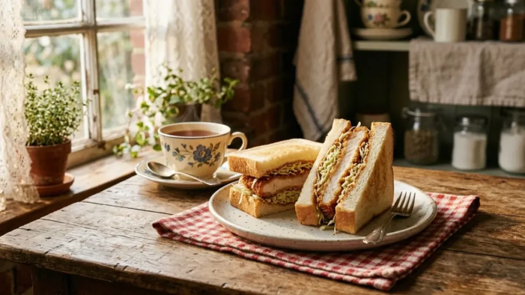 Grandma's sando sandwich cut in half showing layers of cheese, ham, and lettuce on soft milk bread
