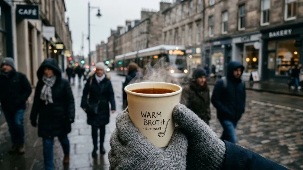 Hands holding a small paper cup of warm broth on a cold morning street