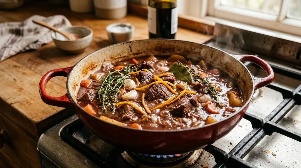 Dutch oven beef stew with tender beef, potatoes, carrots, mushrooms, and herbs while avoiding common cooking mistakes