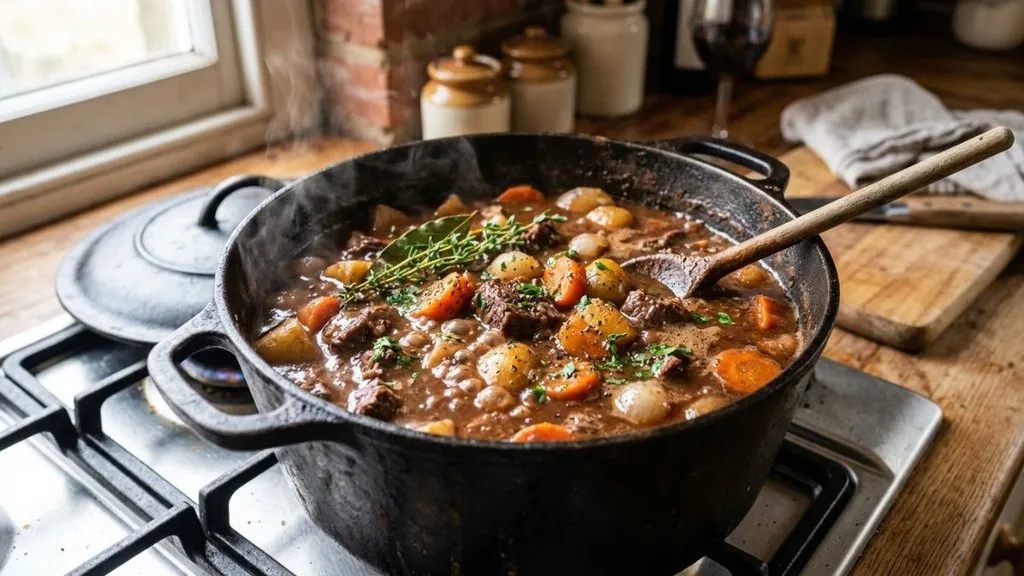 Beef chuck pieces browning in a Dutch oven for beef stew