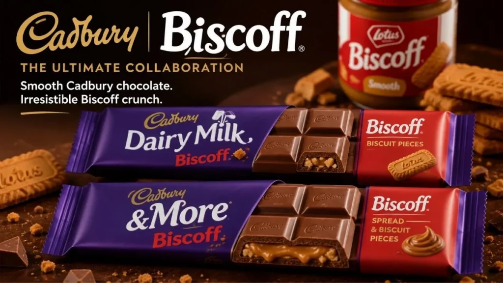 Cadbury Biscoff chocolate bars with crunchy biscuit pieces.