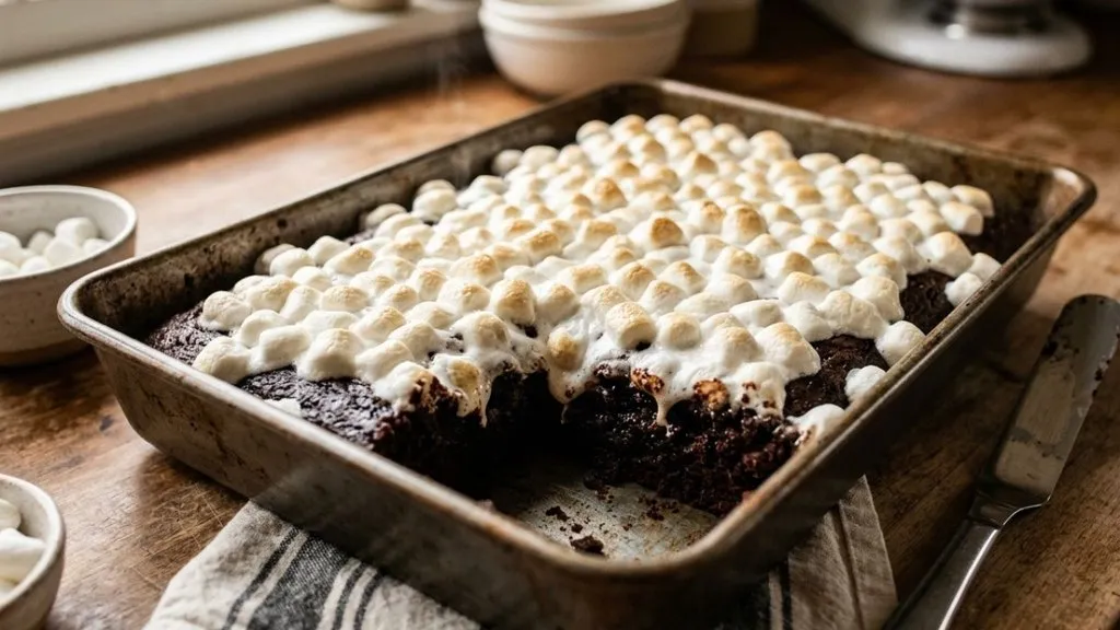 Miniature marshmallows melting over freshly baked chocolate cake