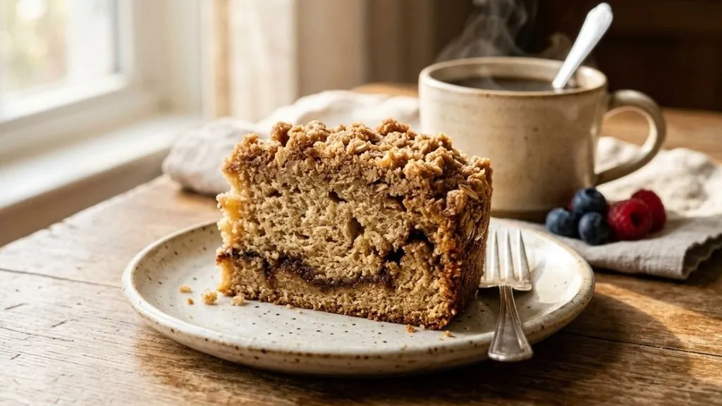 Homemade cinnamon coffee cake without sour cream served with coffee and tea.