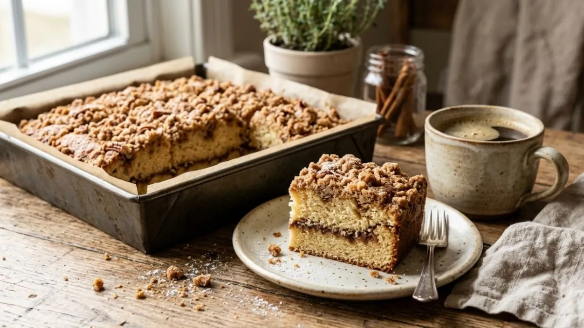 Coffee cake batter with cinnamon sugar filling and streusel topping in a square pan.