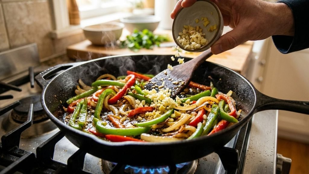 Bell peppers and onions cooking in a skillet