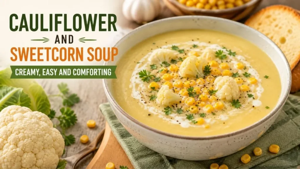 Bowl of creamy cauliflower and sweetcorn soup garnished