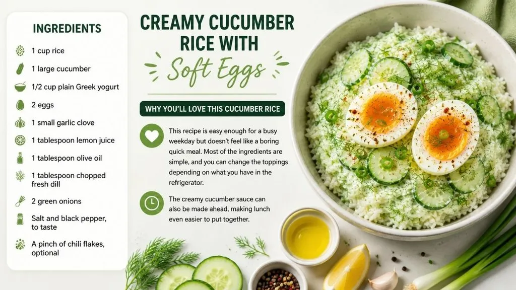 Ingredients for creamy cucumber rice with soft eggs