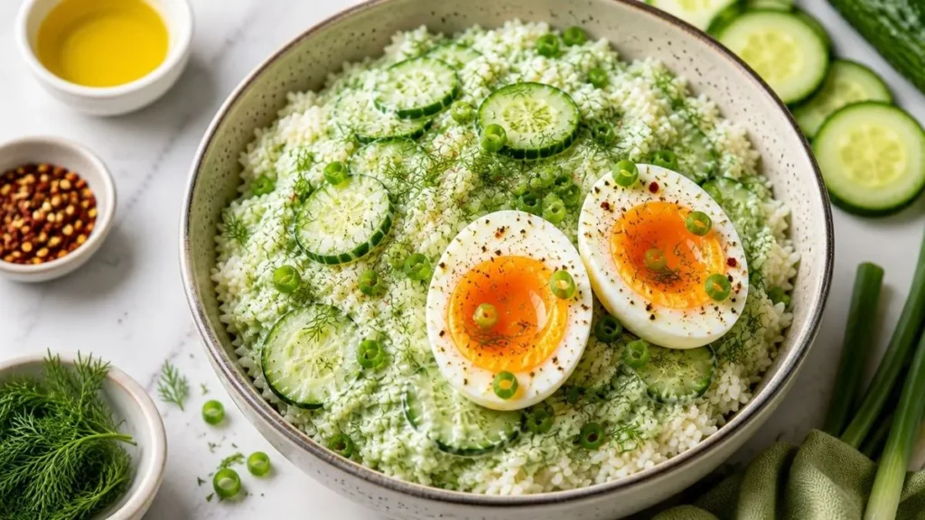 Creamy cucumber rice bowl topped with soft eggs