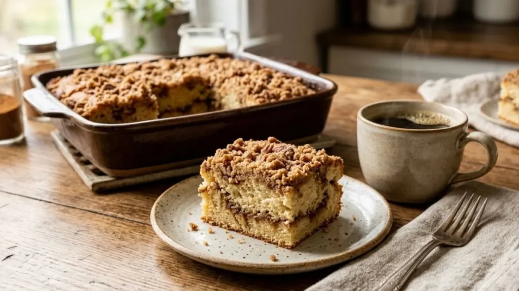 Homemade cinnamon coffee cake without sour cream with buttery streusel topping.