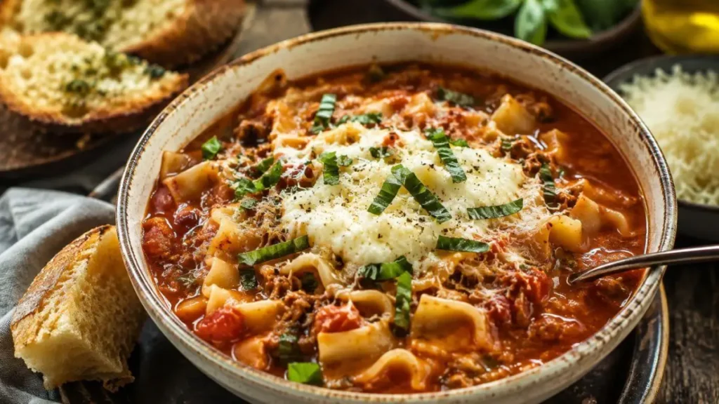 Bowl of homemade lasagna soup with melted cheese