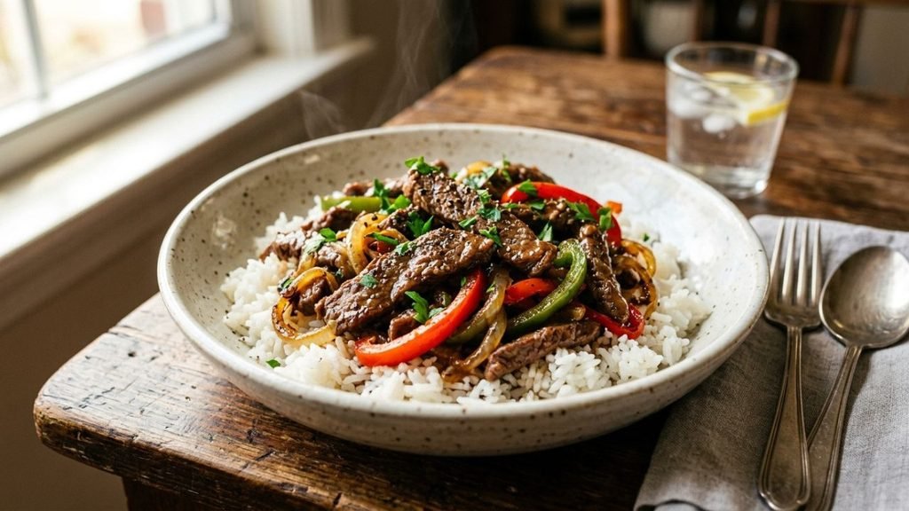 Pepper steak with peppers, onions, and rice