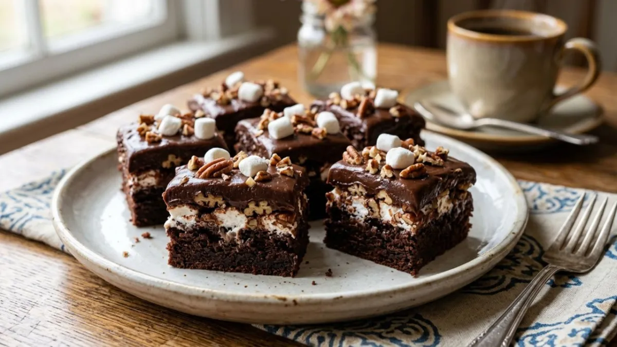 Homemade Heavenly Hash Cake squares with marshmallows, pecans, and chocolate frosting