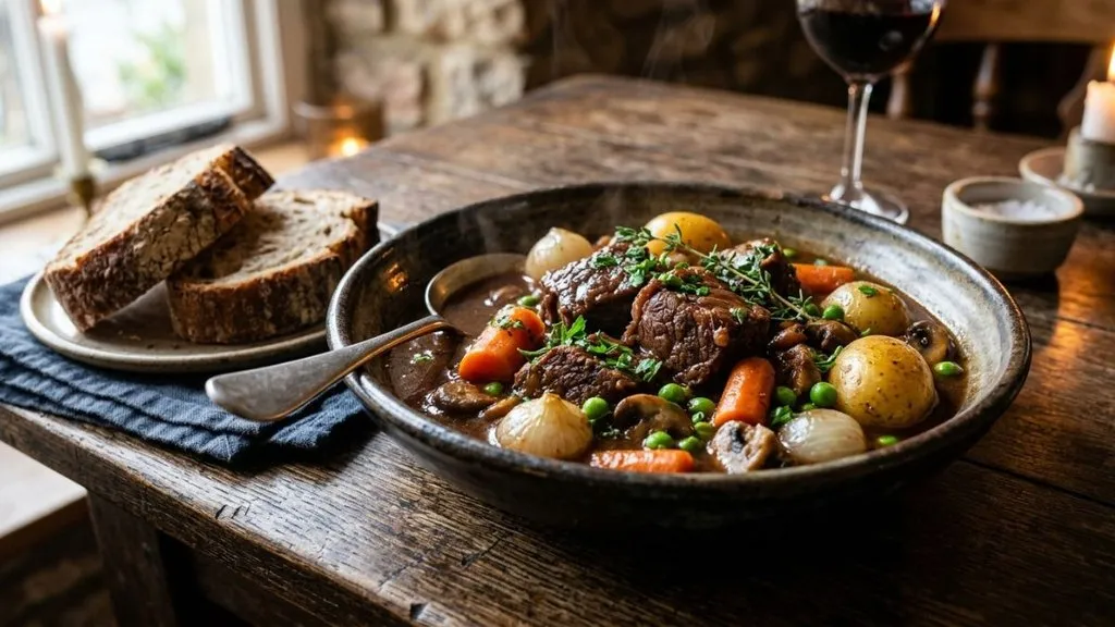 Finished beef stew with tender beef, potatoes, carrots, mushrooms, peas, and gravy