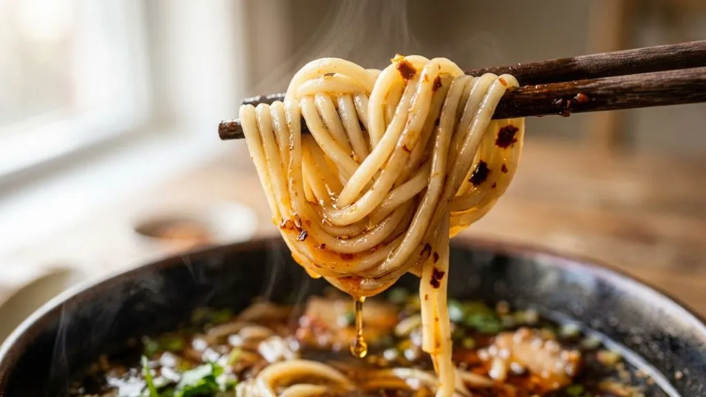 Chopsticks lifting Yunnan rice noodles from a steaming bowl of broth