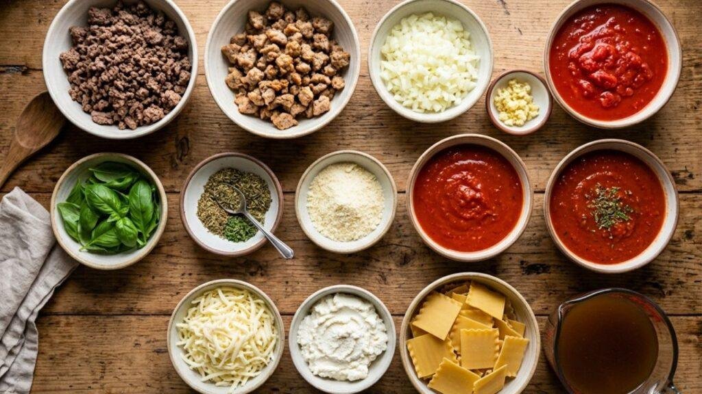 Lasagna soup ingredients arranged on kitchen counter