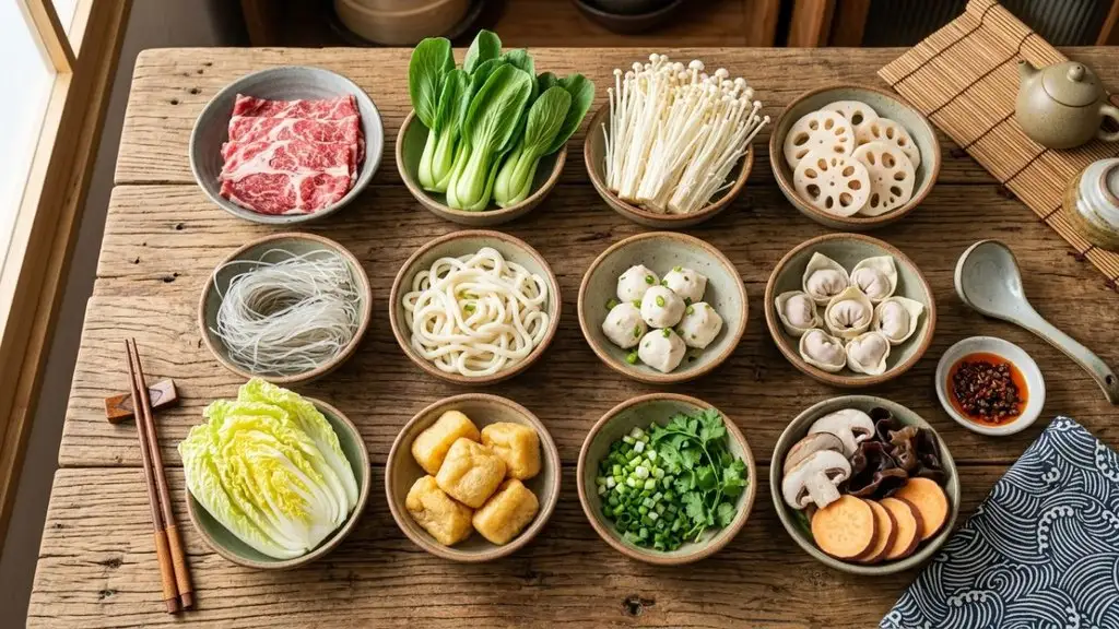Fresh ingredients arranged for homemade malatang