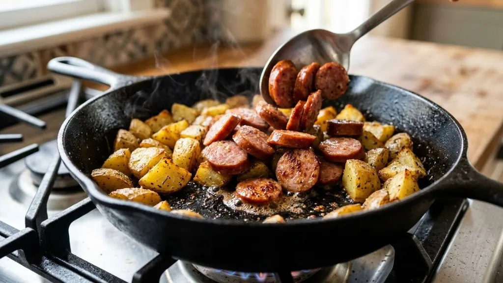 Golden potatoes cooking in skillet