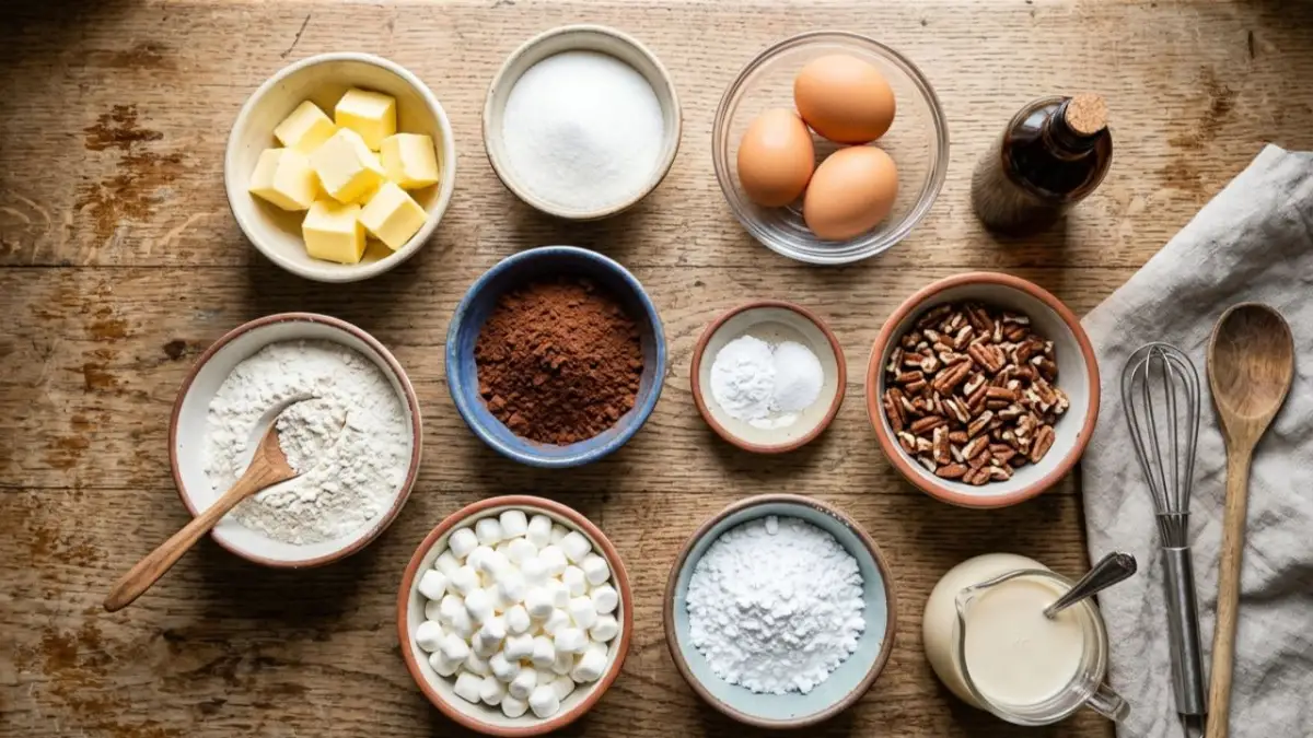 ingredients for Heavenly Hash Cake including cocoa, flour, eggs, pecans, marshmallows, and powdered sugar