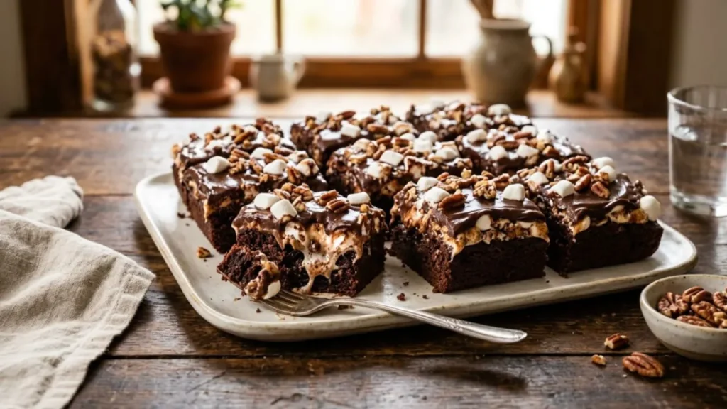 Slice of homemade Heavenly Hash Cake with chocolate frosting, melted marshmallows, and chopped pecans