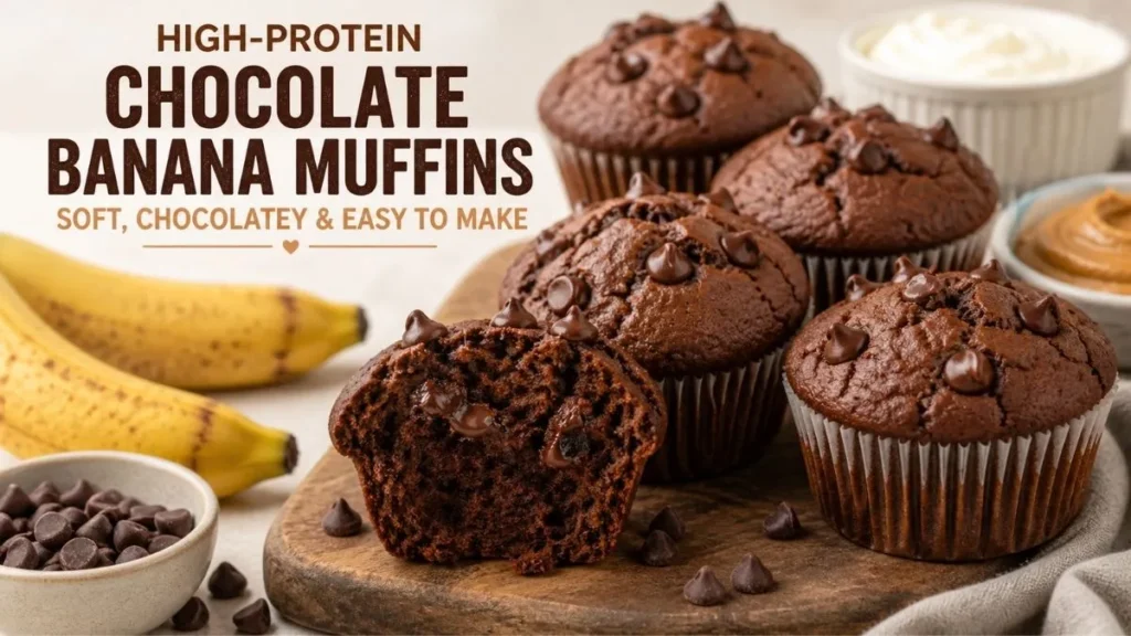 High protein chocolate banana muffins with chocolate chips