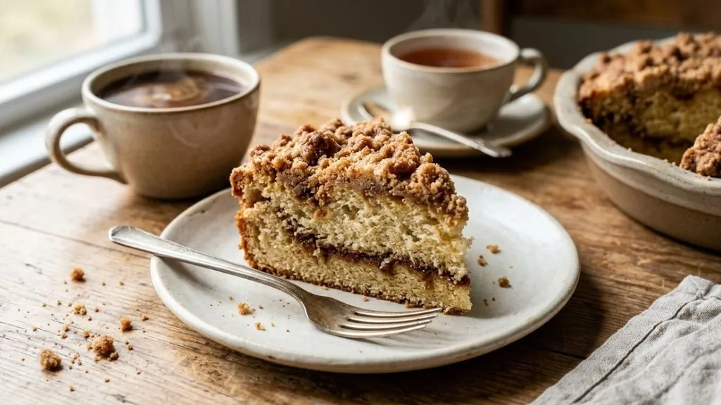 Slice of moist cinnamon coffee cake with streusel topping served beside coffee.