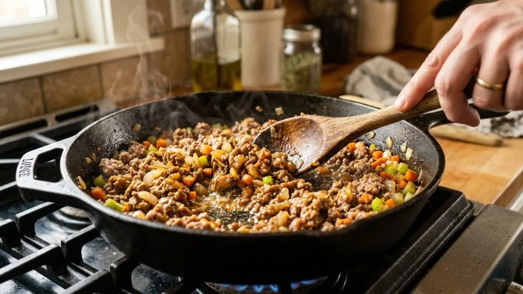 Homemade Mafaldine Bolognese topped with Parmesan
