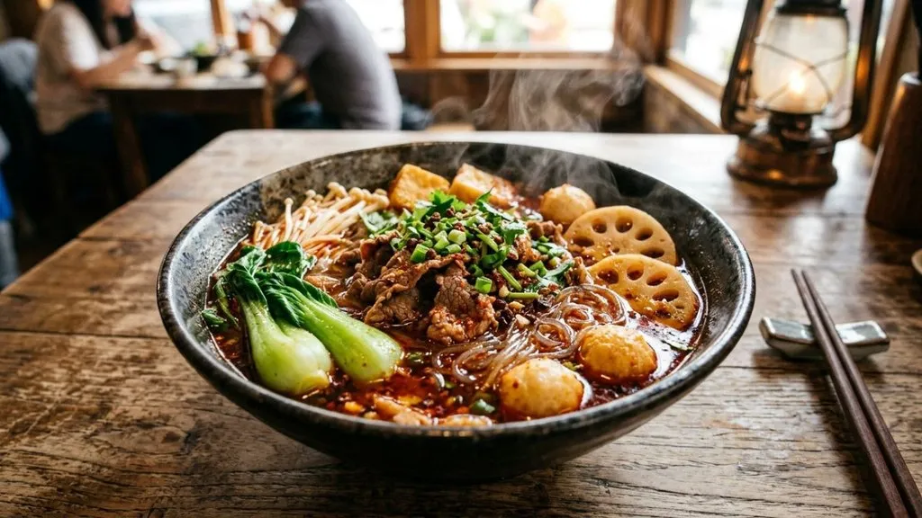 Homemade malatang with noodles beef tofu and vegetables