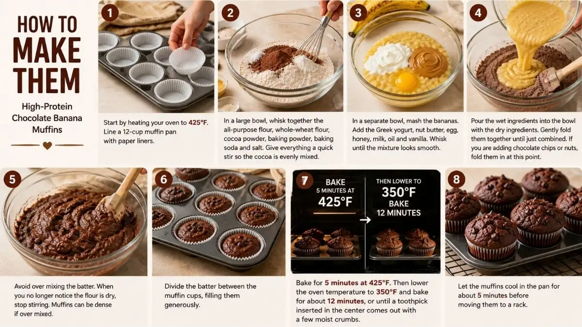 Steps for making high protein chocolate banana muffins