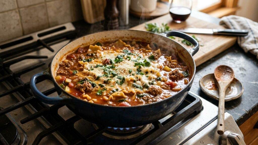 Lasagna soup simmering with pasta and ground meat