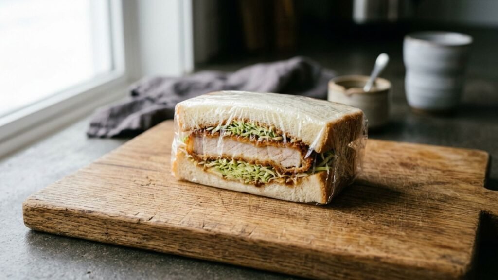 Sando sandwich wrapped tightly in plastic wrap resting on a wooden cutting board