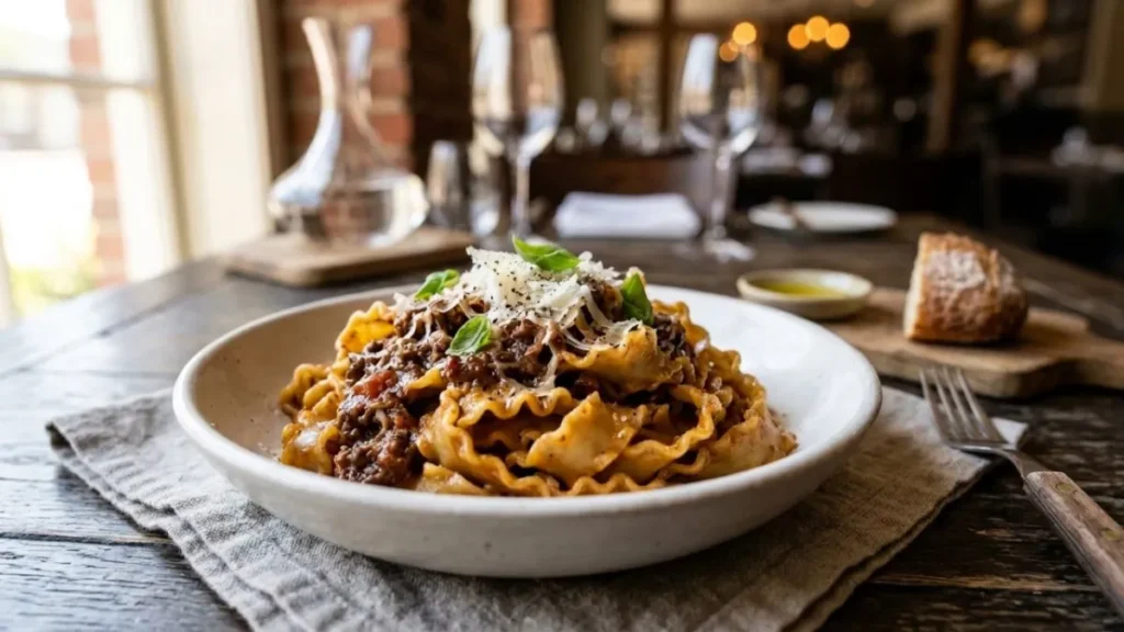 Mafaldine Bolognese with rich meat sauce and Parmesan