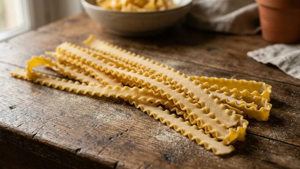 Close-up of Mafaldine pasta with wavy ruffled edges