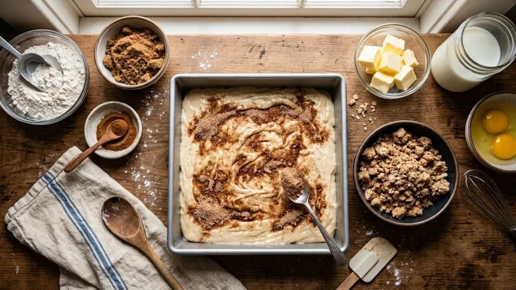 Slice of moist cinnamon coffee cake with streusel topping served beside coffee.