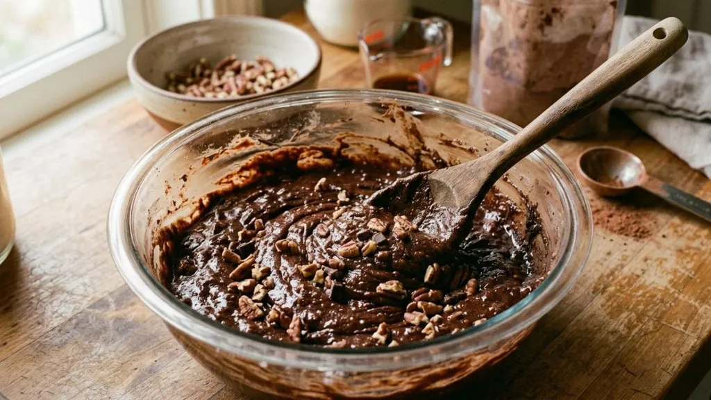 Thick chocolate cake batter with chopped pecans in a mixing bowl