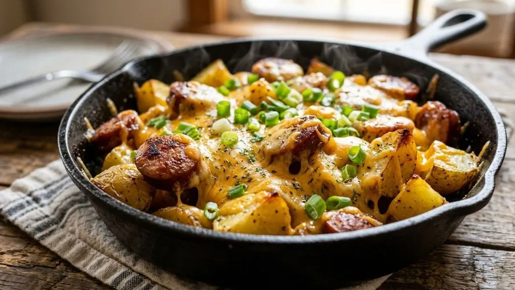 One-pan cheesy sausage potato dinner