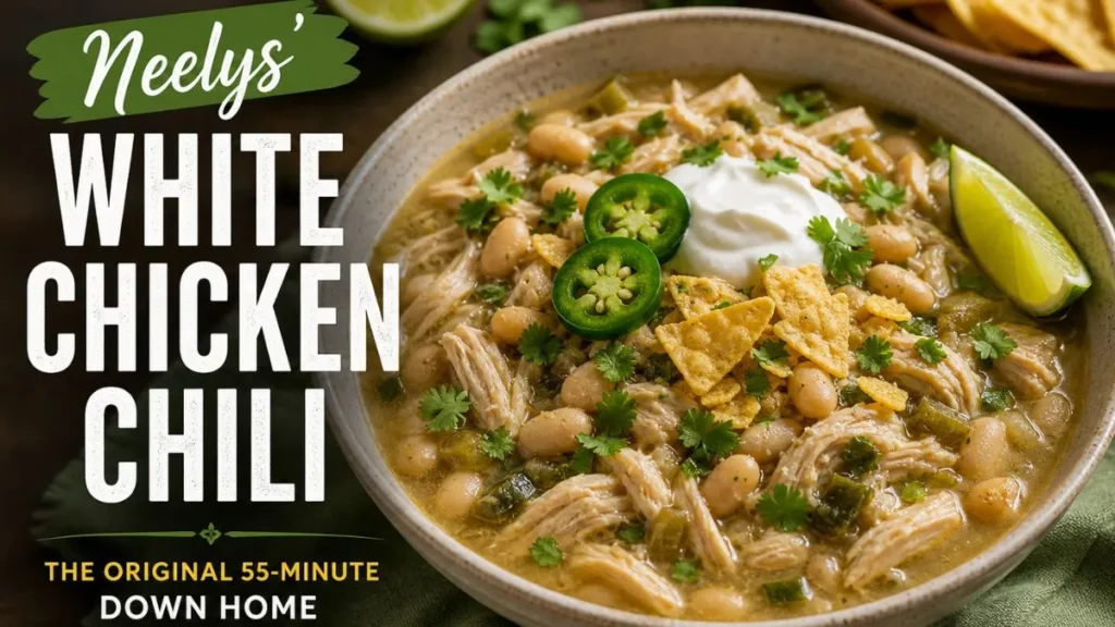 Neelys white chicken chili with toppings