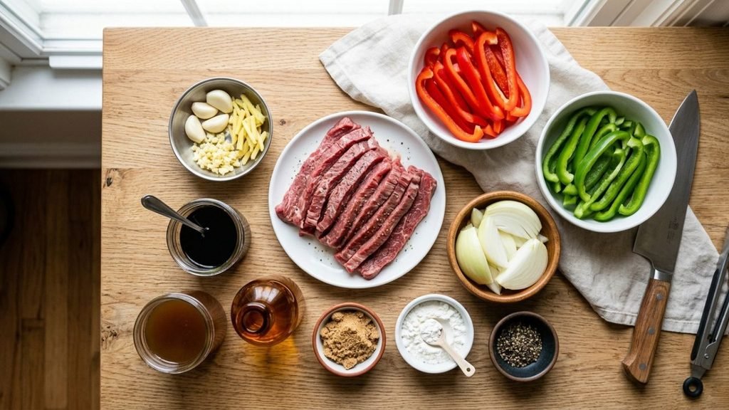 : Ingredients for pepper steak with peppers and onions
