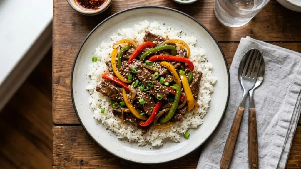 Pepper steak with onions, green and red bell peppers
