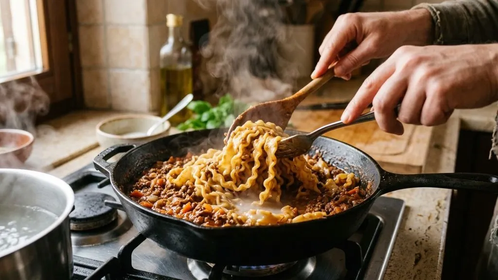 Homemade Bolognese ragù simmering with ground beef and pork