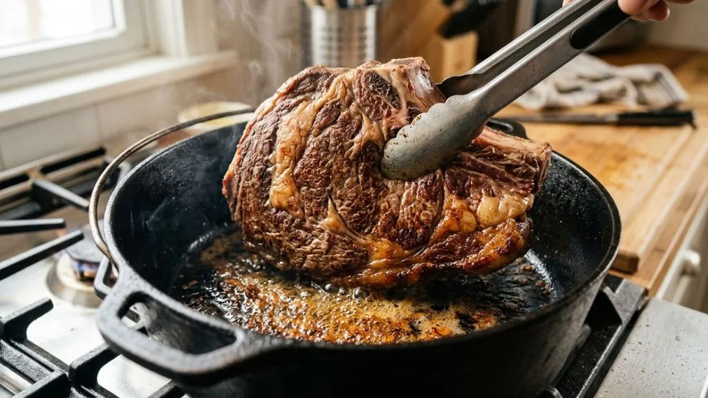 Bone-in chuck roast browning inside Dutch oven