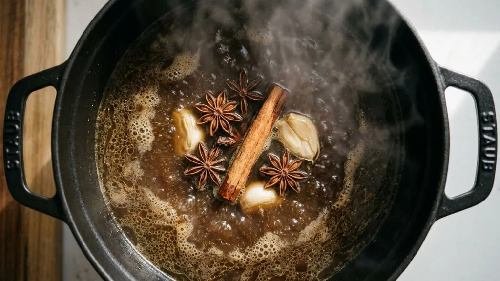 Pot of Yunnan rice noodle broth simmering with star anise and cinnamon
