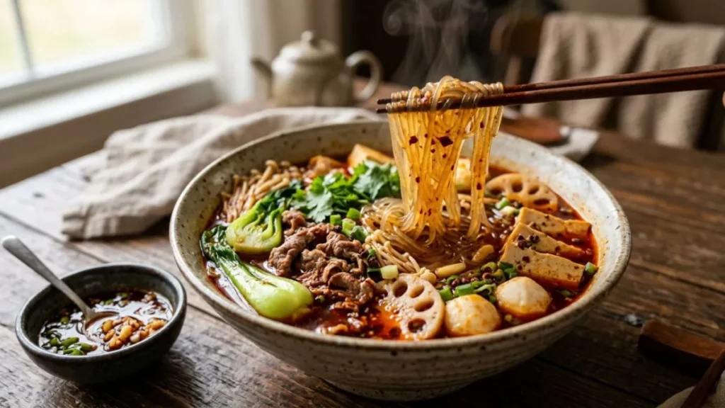 Spicy malatang bowl with beef noodles and vegetables