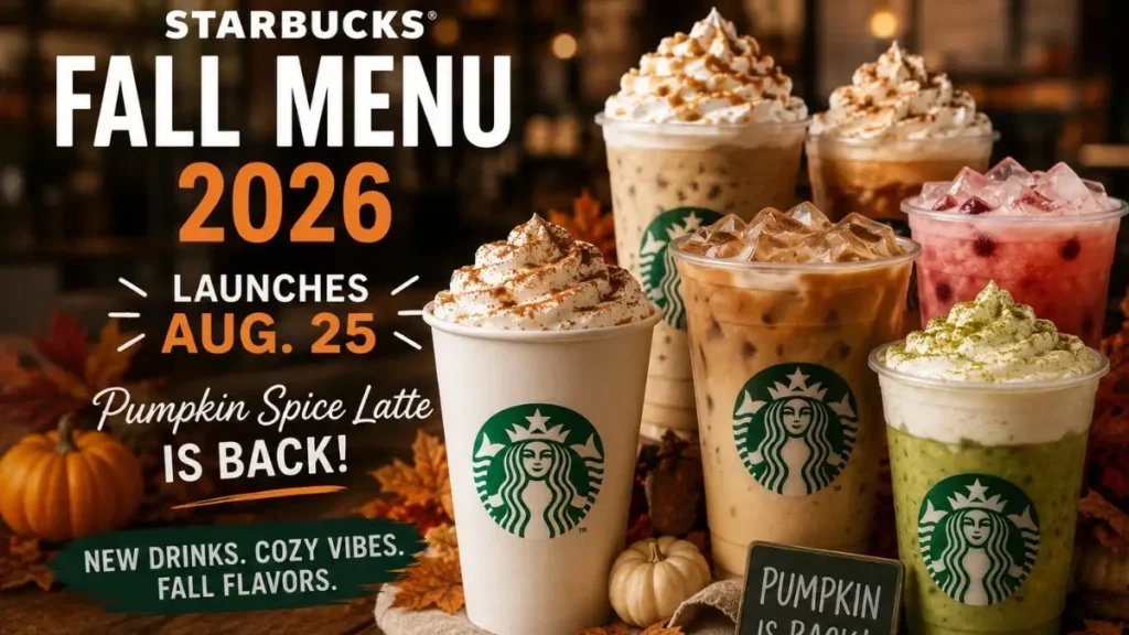 Starbucks Fall Menu 2026 with Pumpkin Spice Latte and seasonal drinks