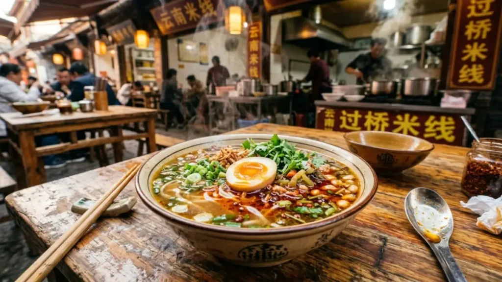 Steaming bowl of Yunnan rice noodle soup with chili oil, egg, and scallions
