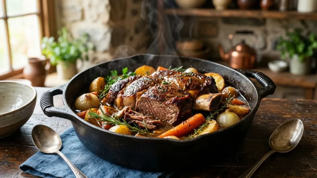 Tender bone-in chuck roast with vegetables