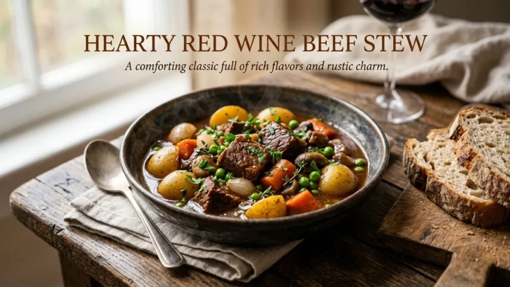 Tyler Florence beef stew with tender beef, potatoes, carrots, mushrooms, peas, herbs