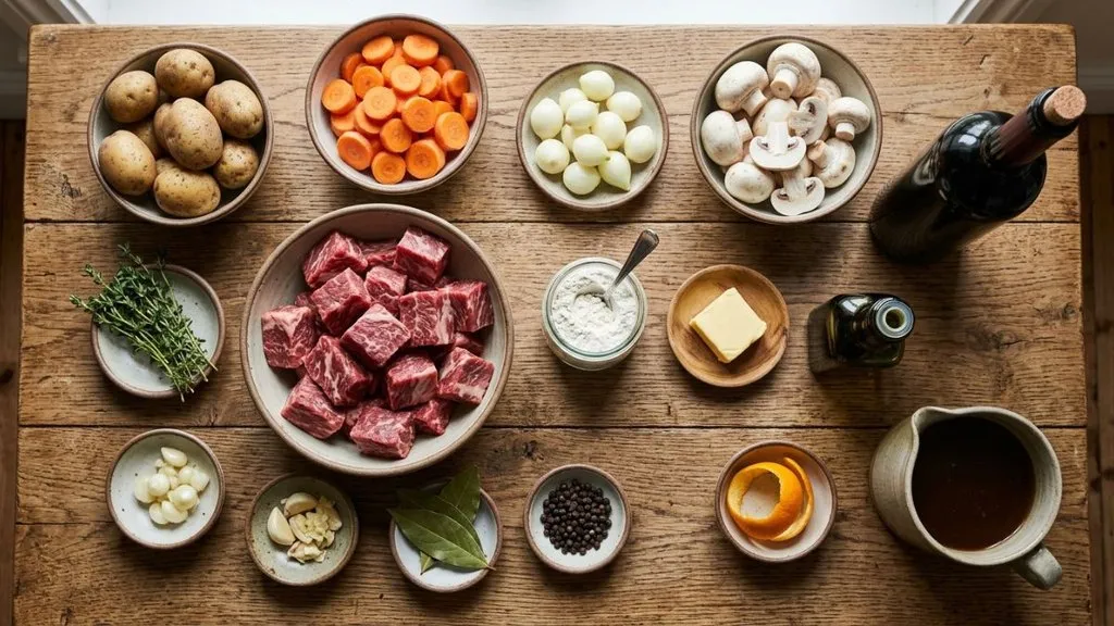 Beef stew ingredients including beef, potatoes, carrots, mushrooms, onions, herbs, wine