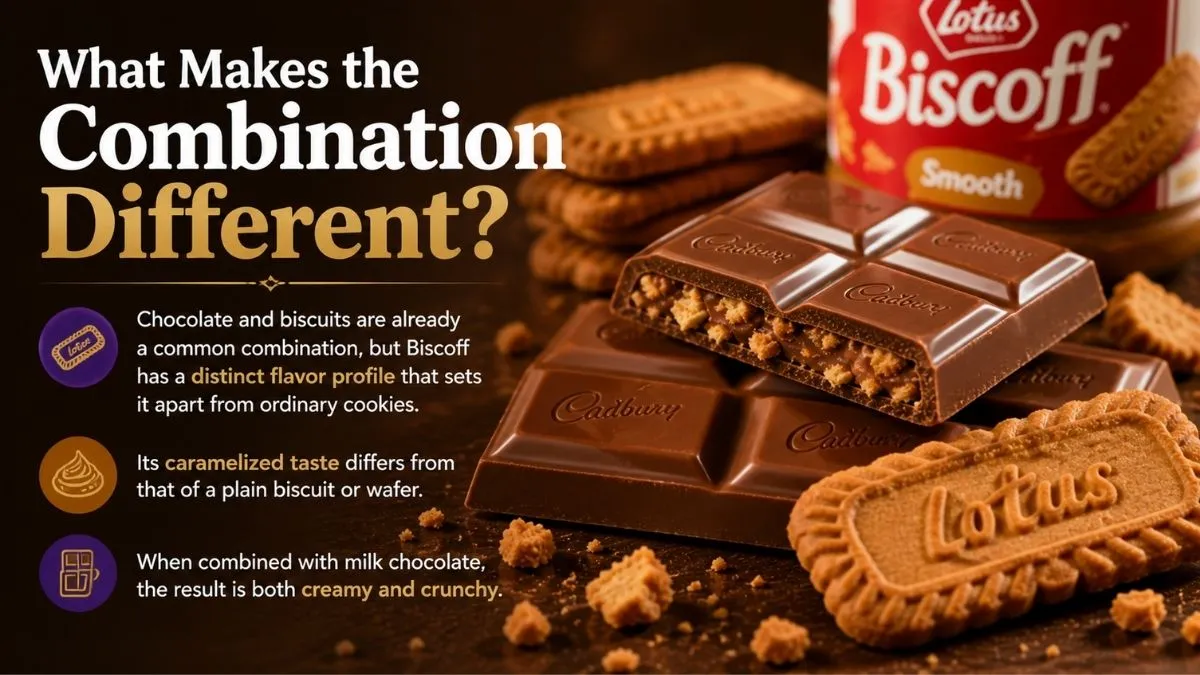 Cadbury chocolate paired with caramelized Biscoff biscuits.