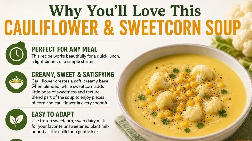 Creamy cauliflower sweetcorn soup with fresh vegetables and herbs